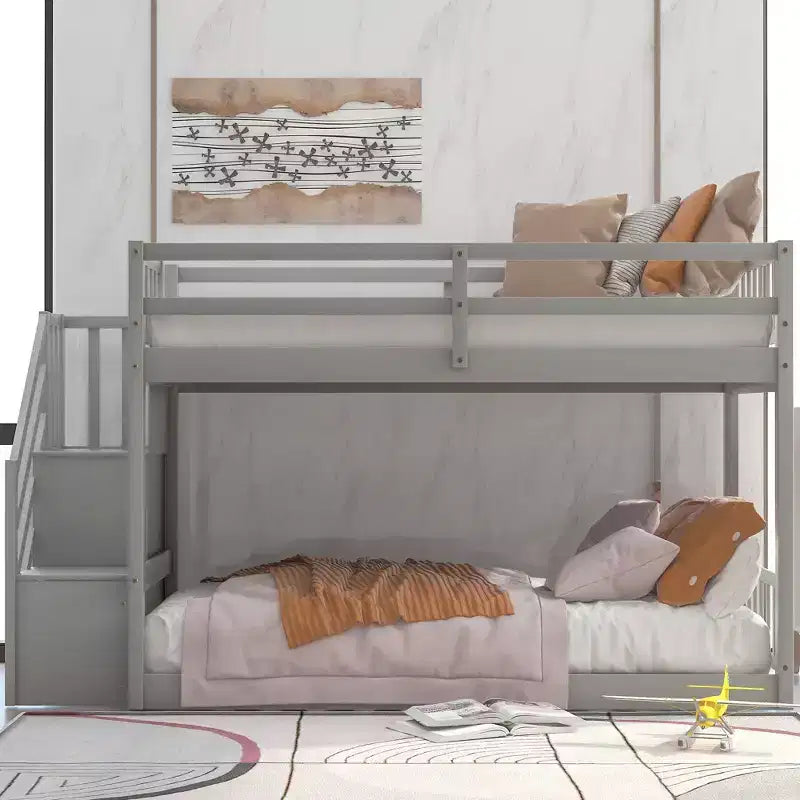 Etagenbett aus Massivholz für zwei Personen, niedriges Hochbett mit Leiter mit Stauraum und Sicherheitsgeländer für Kinder und Teenager, einfach zu montieren