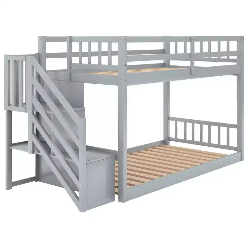 Etagenbett aus Massivholz für zwei Personen, niedriges Hochbett mit Leiter mit Stauraum und Sicherheitsgeländer für Kinder und Teenager, einfach zu montieren