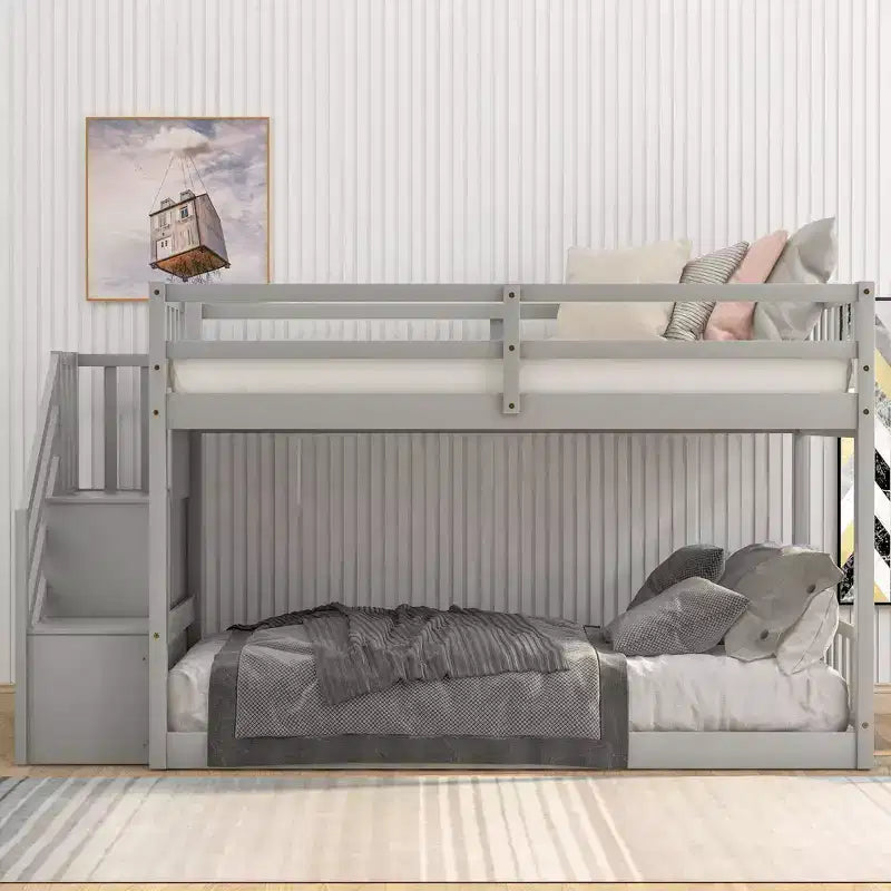 Etagenbett aus Massivholz für zwei Personen, niedriges Hochbett mit Leiter mit Stauraum und Sicherheitsgeländer für Kinder und Teenager, einfach zu montieren