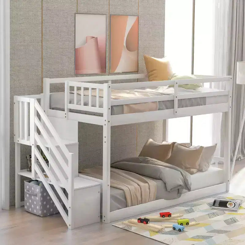 Litera baja de madera maciza para dos camas individuales, con escalera de almacenamiento y barandilla de seguridad, para niños y adolescentes; fácil de armar