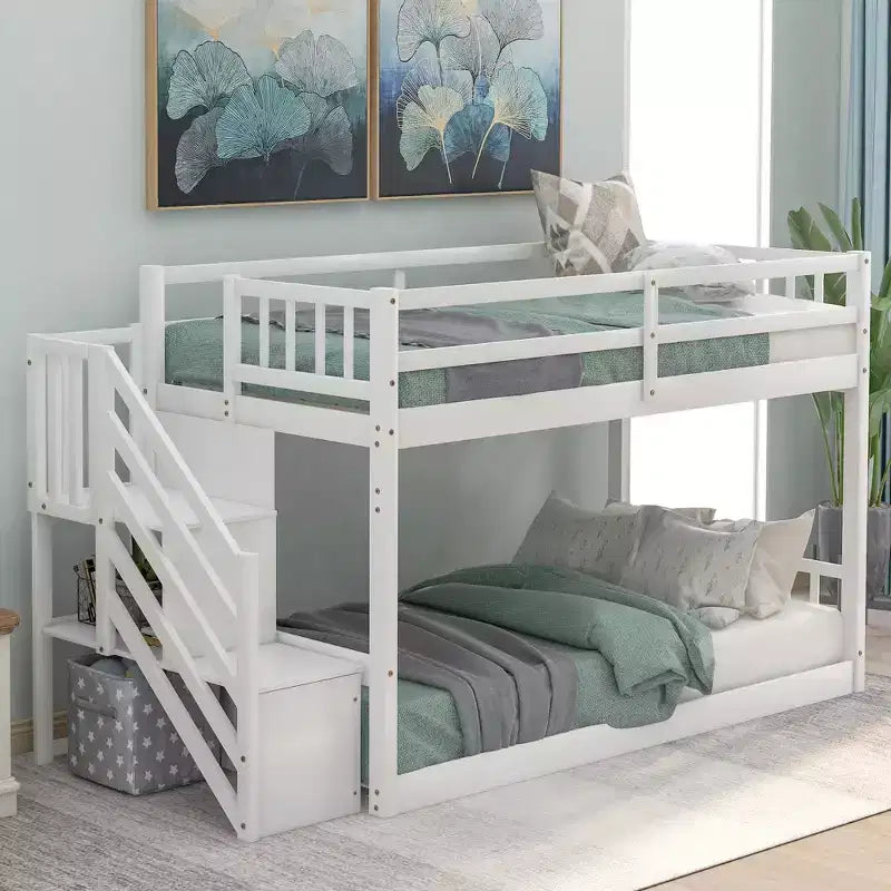 Litera baja de madera maciza para dos camas individuales, con escalera de almacenamiento y barandilla de seguridad, para niños y adolescentes; fácil de armar