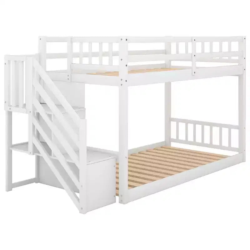Litera baja de madera maciza para dos camas individuales, con escalera de almacenamiento y barandilla de seguridad, para niños y adolescentes; fácil de armar