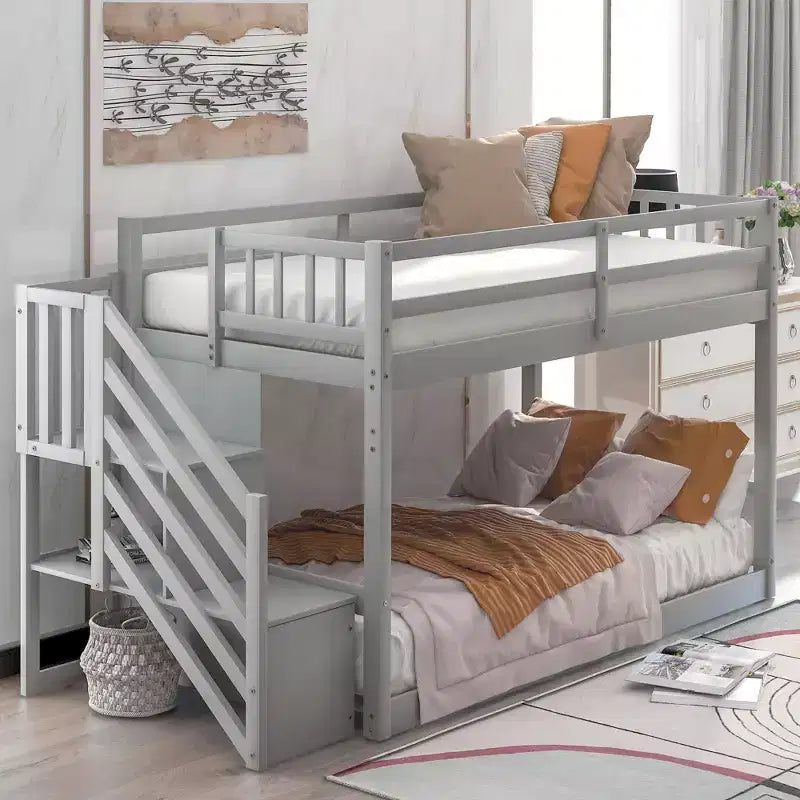 Etagenbett aus Massivholz für zwei Personen, niedriges Hochbett mit Leiter mit Stauraum und Sicherheitsgeländer für Kinder und Teenager, einfach zu montieren