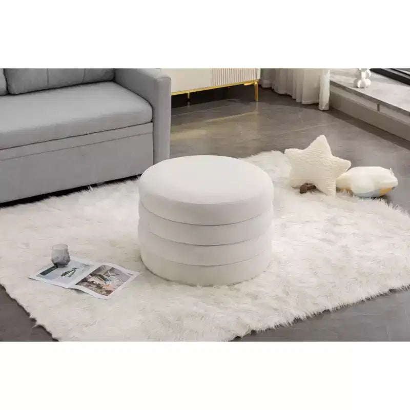 Otomana redonda moderna con almacenamiento, silla de tocador, reposapiés tapizado en terciopelo suave y estante de madera, para sofá, dormitorio o entrada