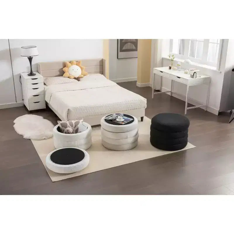 Otomana redonda moderna con almacenamiento, silla de tocador, reposapiés tapizado en terciopelo suave y estante de madera, para sofá, dormitorio o entrada