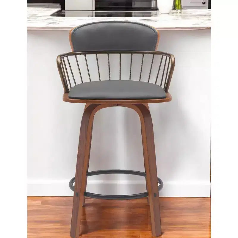 Silla giratoria baja gris y marrón madera de cuero sintético, para barra de altura de mostrador de 26