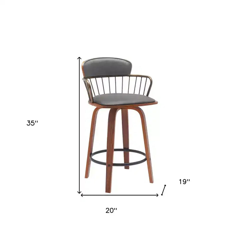 Chaise de bar pivotante à dossier bas et hauteur de comptoir, en similicuir gris et brun bois, 26