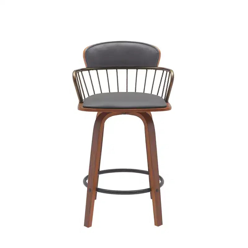 Silla giratoria baja gris y marrón madera de cuero sintético, para barra de altura de mostrador de 26