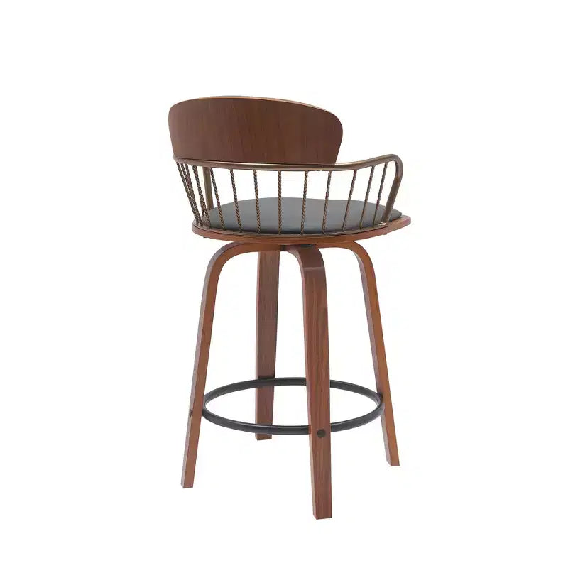 Silla giratoria baja gris y marrón madera de cuero sintético, para barra de altura de mostrador de 26