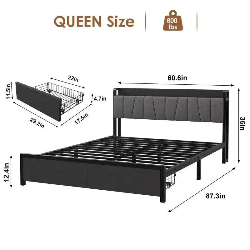 Bettrahmen in Queen-Size mit Kopfteil und Stauraum, Queen-Size-Plattformbett im Industrial-Stil mit 2 Schubladen und Ladestation, schwarz, kein Boxspringbett erforderlich