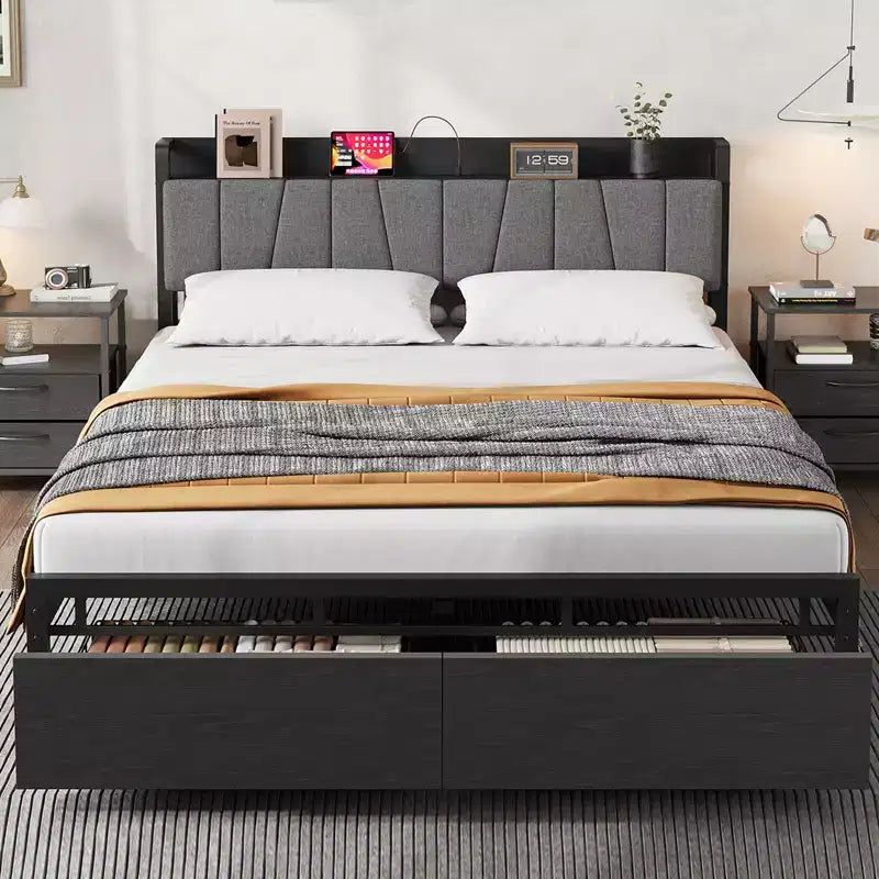 Bettrahmen in Queen-Size mit Kopfteil und Stauraum, Queen-Size-Plattformbett im Industrial-Stil mit 2 Schubladen und Ladestation, schwarz, kein Boxspringbett erforderlich
