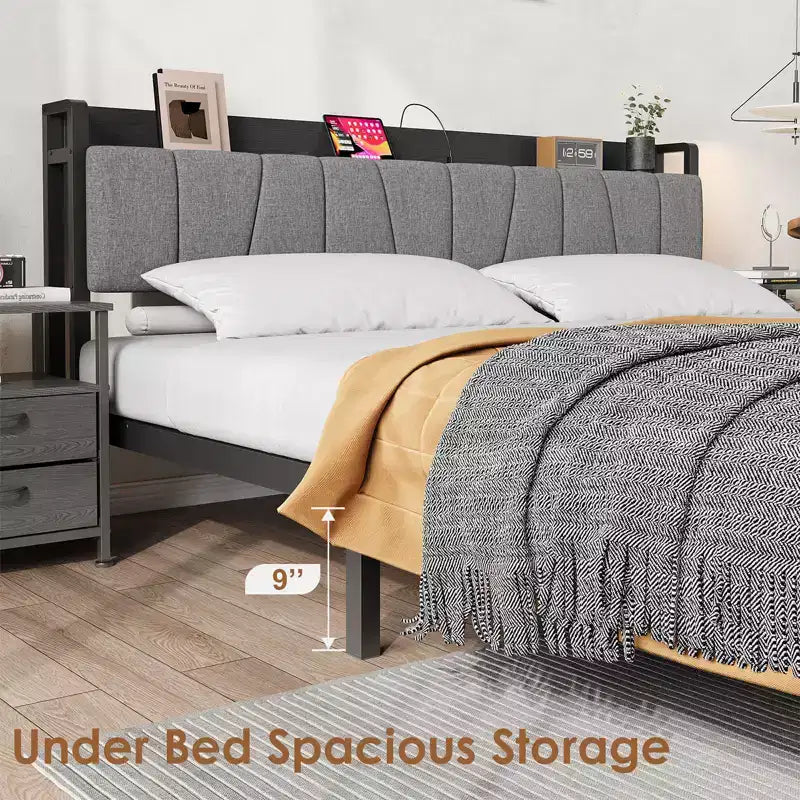 Bettrahmen in Queen-Size mit Kopfteil und Stauraum, Queen-Size-Plattformbett im Industrial-Stil mit 2 Schubladen und Ladestation, schwarz, kein Boxspringbett erforderlich