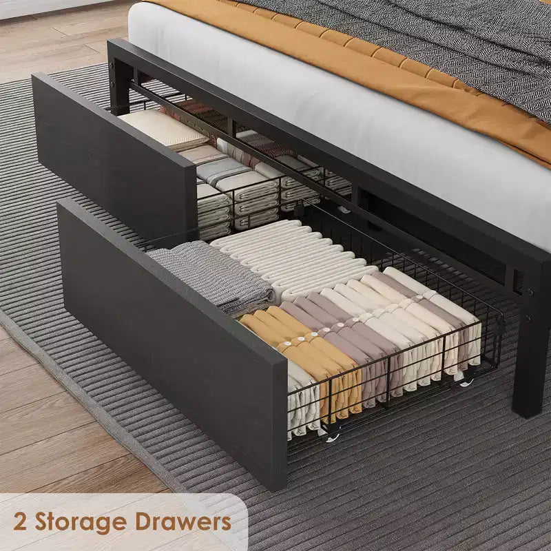 Bettrahmen in Queen-Size mit Kopfteil und Stauraum, Queen-Size-Plattformbett im Industrial-Stil mit 2 Schubladen und Ladestation, schwarz, kein Boxspringbett erforderlich