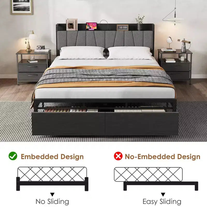 Cadre de lit queen avec tête de lit de rangement, lit plateforme queen de style industriel avec 2 tiroirs et station de recharge, noir, sans sommier requis