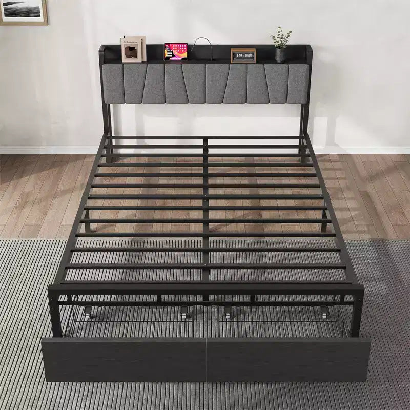 Cadre de lit queen avec tête de lit de rangement, lit plateforme queen de style industriel avec 2 tiroirs et station de recharge, noir, sans sommier requis
