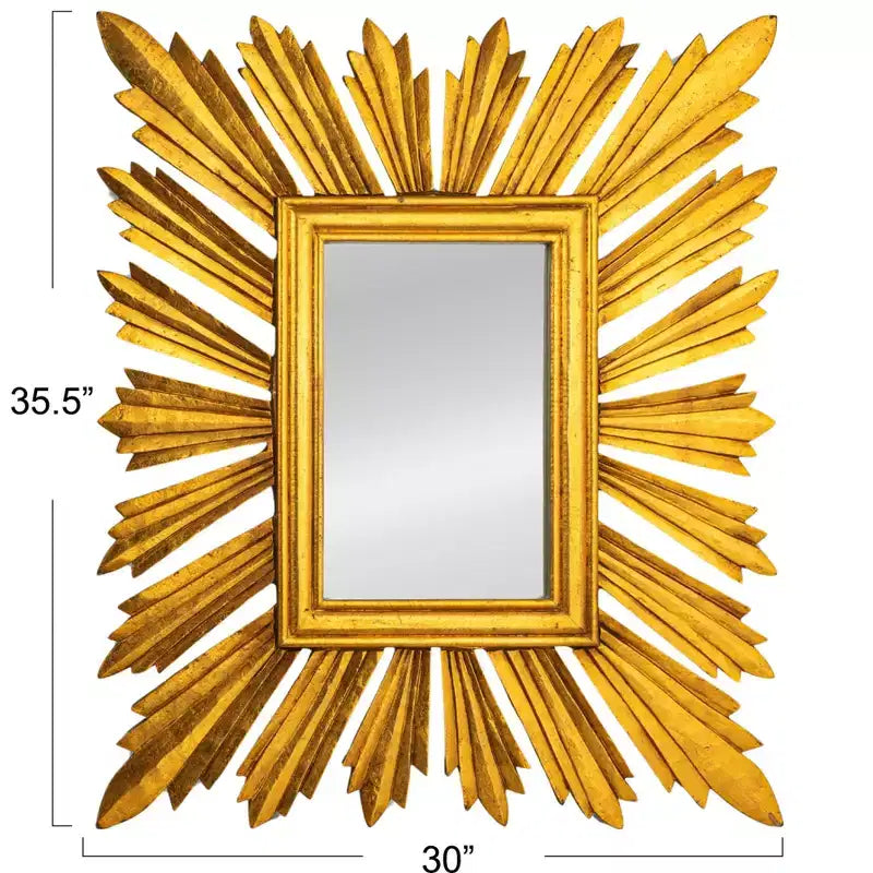 Rechteckiger Wandspiegel mit Sonnenstrahlrahmen, goldfarben