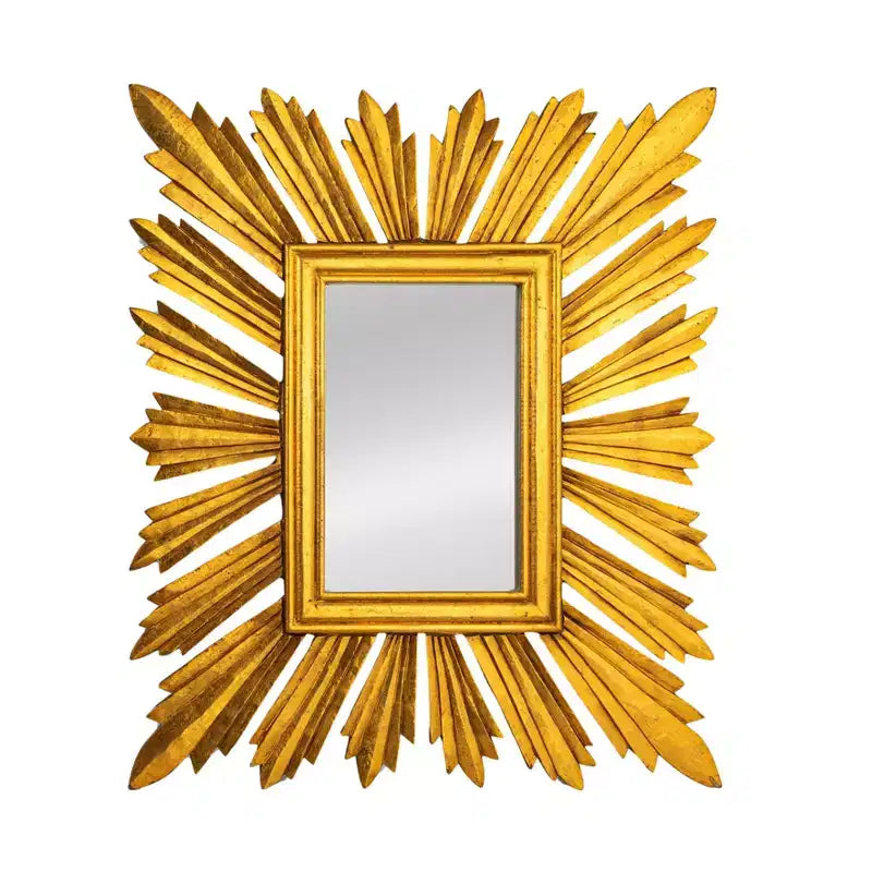 Rechteckiger Wandspiegel mit Sonnenstrahlrahmen, goldfarben