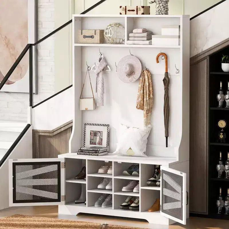 43.3 Eingangsbank mit Garderobenständer, 3-in-1-Design-Flurgarderobe mit 7 Haken und verstellbaren Ablagen