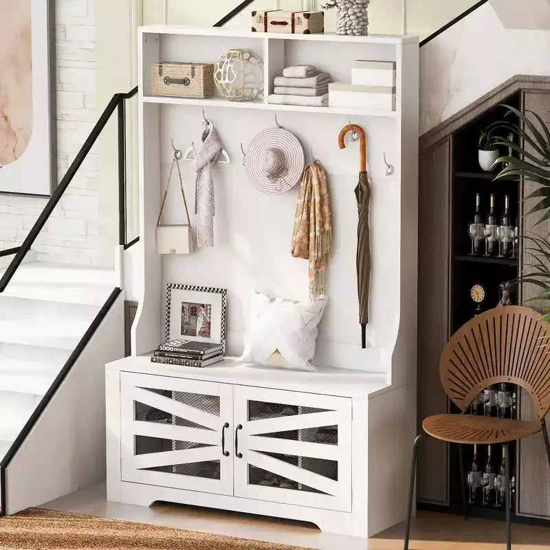 43.3 Eingangsbank mit Garderobenständer, 3-in-1-Design-Flurgarderobe mit 7 Haken und verstellbaren Ablagen