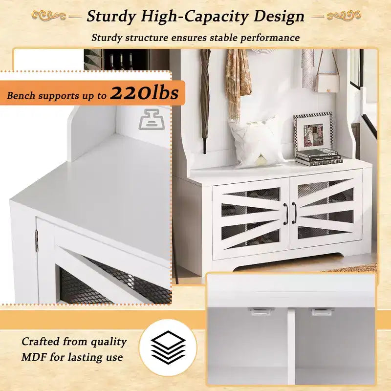 43.3 Eingangsbank mit Garderobenständer, 3-in-1-Design-Flurgarderobe mit 7 Haken und verstellbaren Ablagen