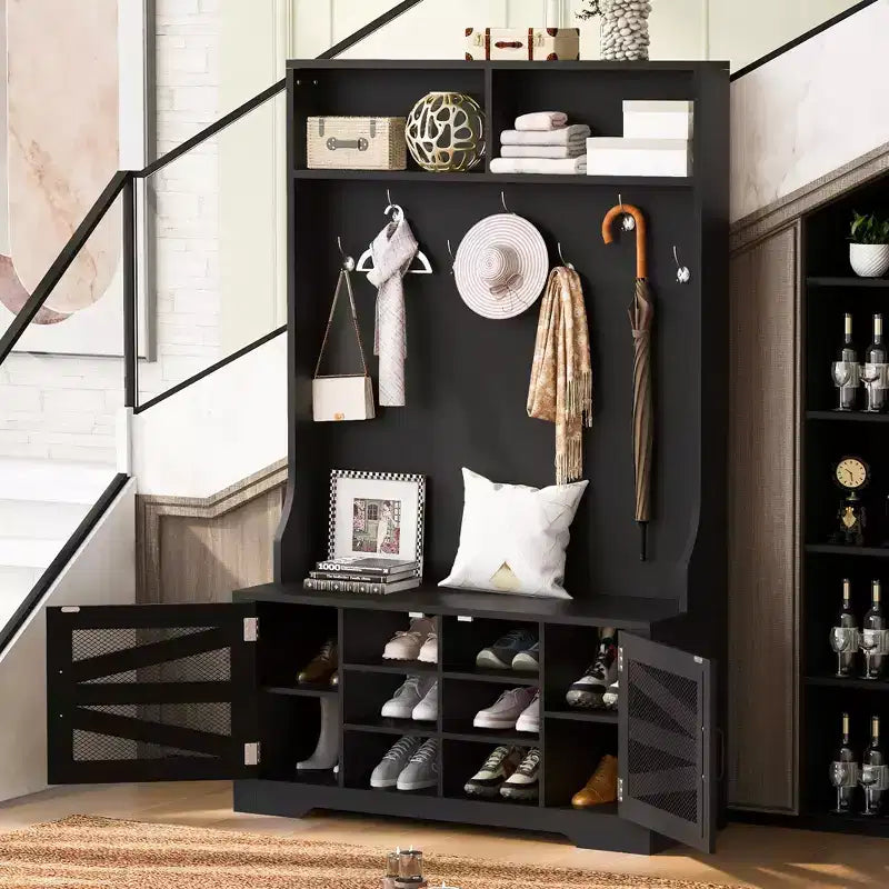 43.3 Eingangsbank mit Garderobenständer, 3-in-1-Design-Flurgarderobe mit 7 Haken und verstellbaren Ablagen