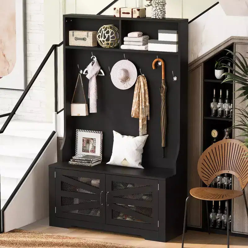 43.3 Eingangsbank mit Garderobenständer, 3-in-1-Design-Flurgarderobe mit 7 Haken und verstellbaren Ablagen