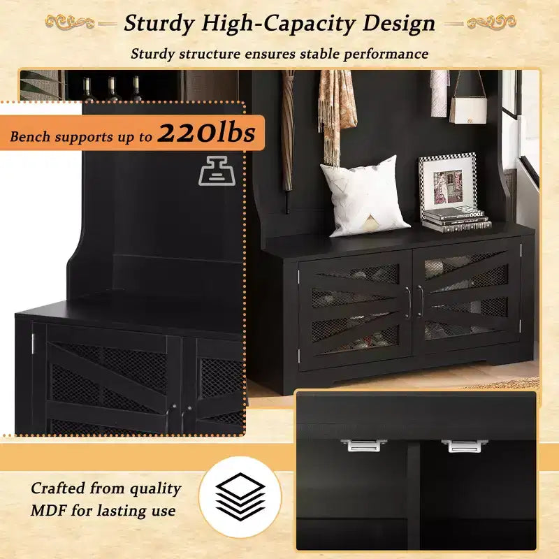 43.3 Eingangsbank mit Garderobenständer, 3-in-1-Design-Flurgarderobe mit 7 Haken und verstellbaren Ablagen