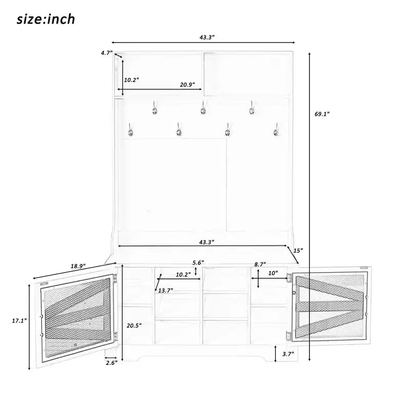 43.3 Eingangsbank mit Garderobenständer, 3-in-1-Design-Flurgarderobe mit 7 Haken und verstellbaren Ablagen