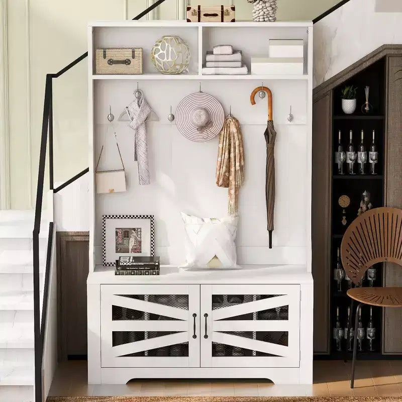43.3 Eingangsbank mit Garderobenständer, 3-in-1-Design-Flurgarderobe mit 7 Haken und verstellbaren Ablagen