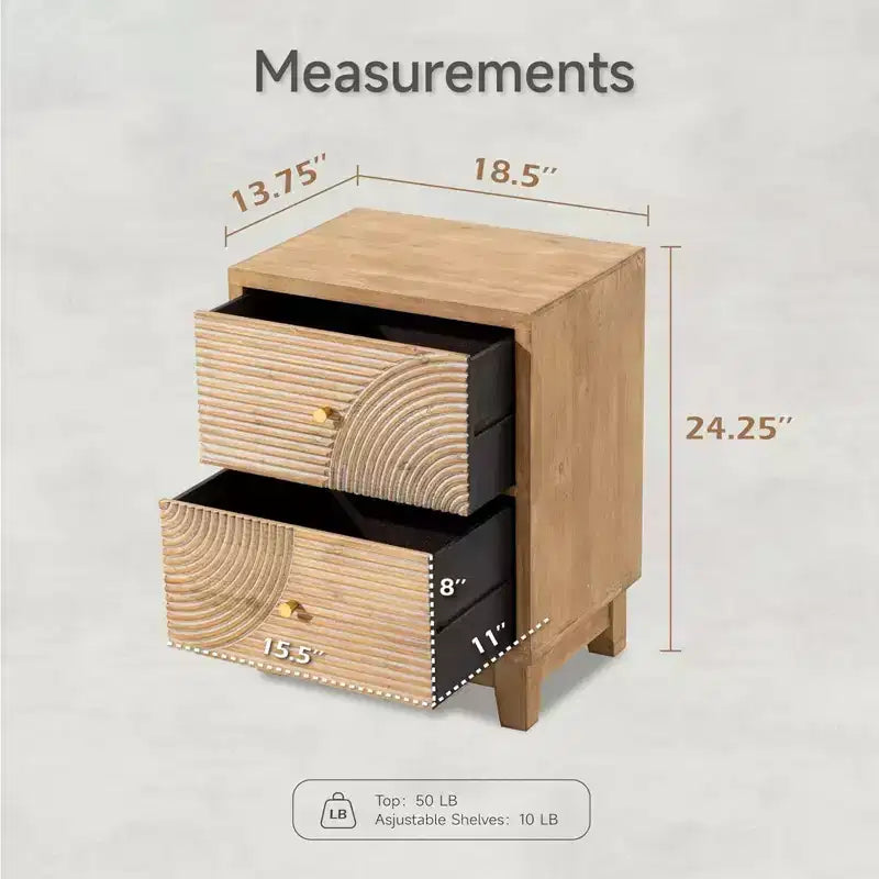 Mesita de noche estilo granja con 2 cajones y diseño artesanal de aros de madera, mesita de noche boho de mediados de siglo para dormitorios, madera natural
