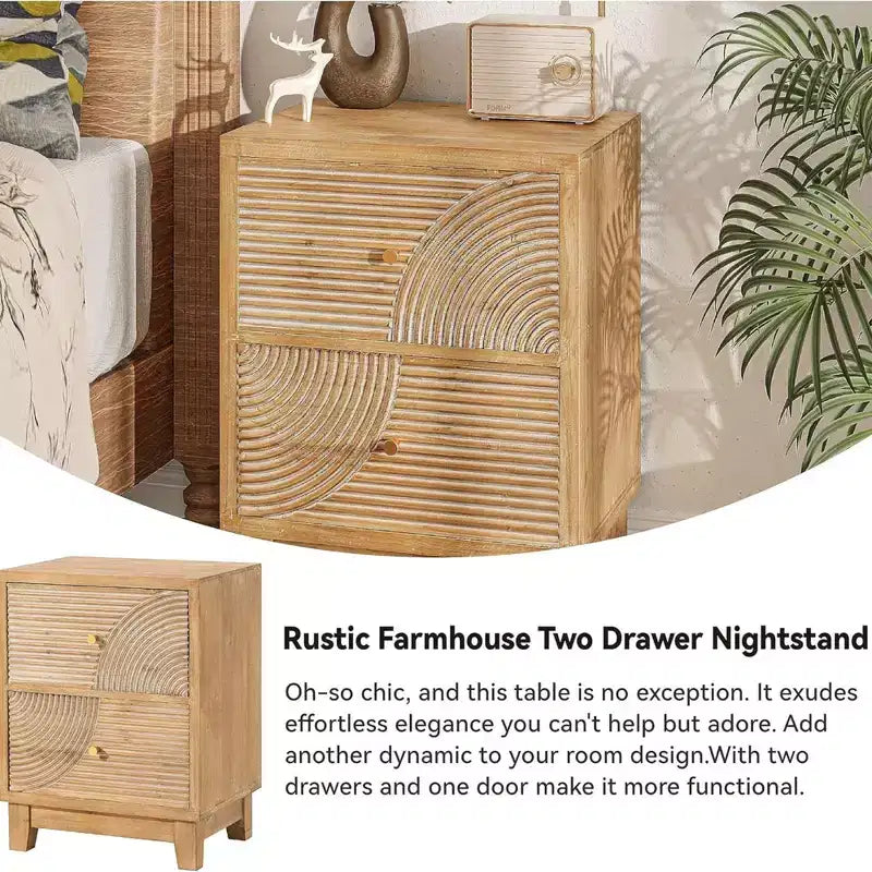 Mesita de noche estilo granja con 2 cajones y diseño artesanal de aros de madera, mesita de noche boho de mediados de siglo para dormitorios, madera natural