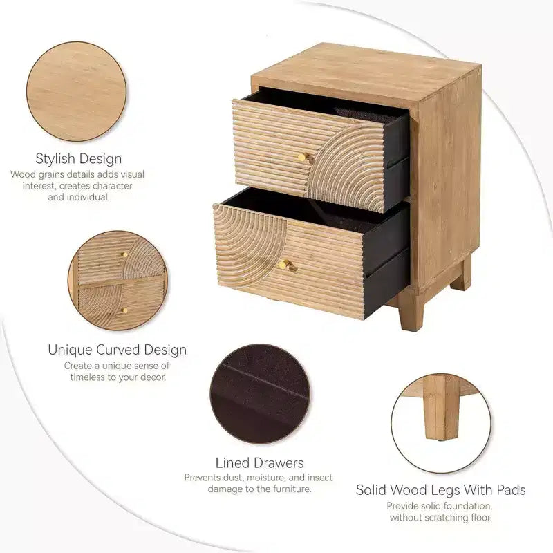 Mesita de noche estilo granja con 2 cajones y diseño artesanal de aros de madera, mesita de noche boho de mediados de siglo para dormitorios, madera natural