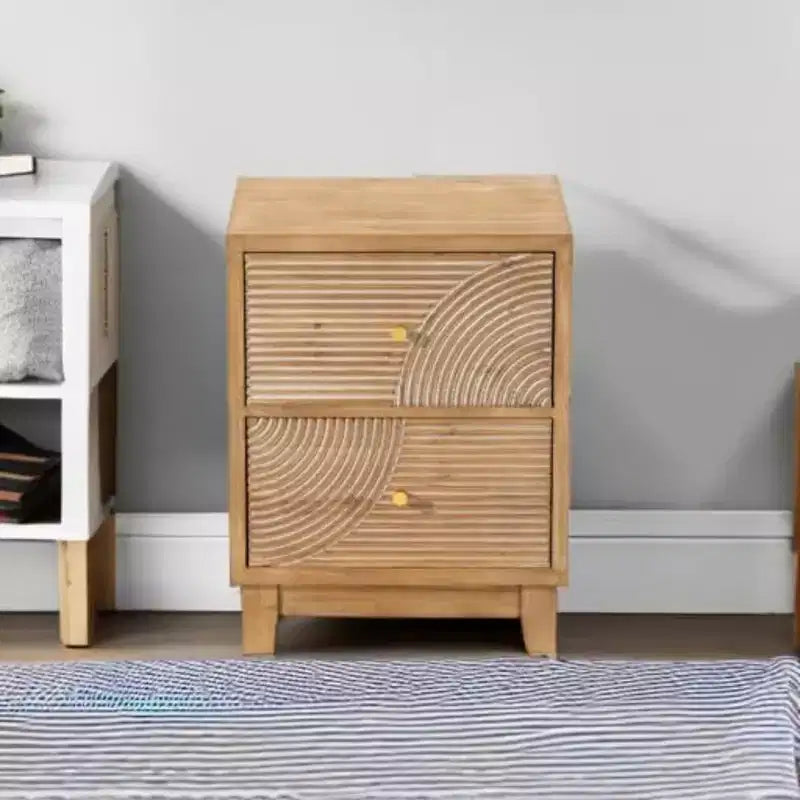 Mesita de noche estilo granja con 2 cajones y diseño artesanal de aros de madera, mesita de noche boho de mediados de siglo para dormitorios, madera natural