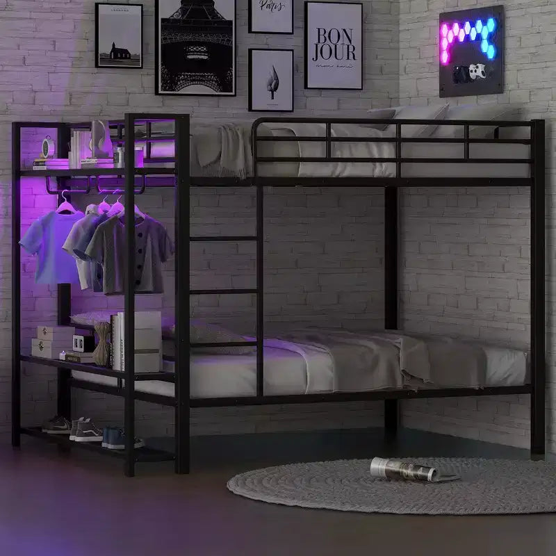 Lit superposé en métal format double avec bandes lumineuses à DEL (7 couleurs), étagères de rangement ouvertes et crochets