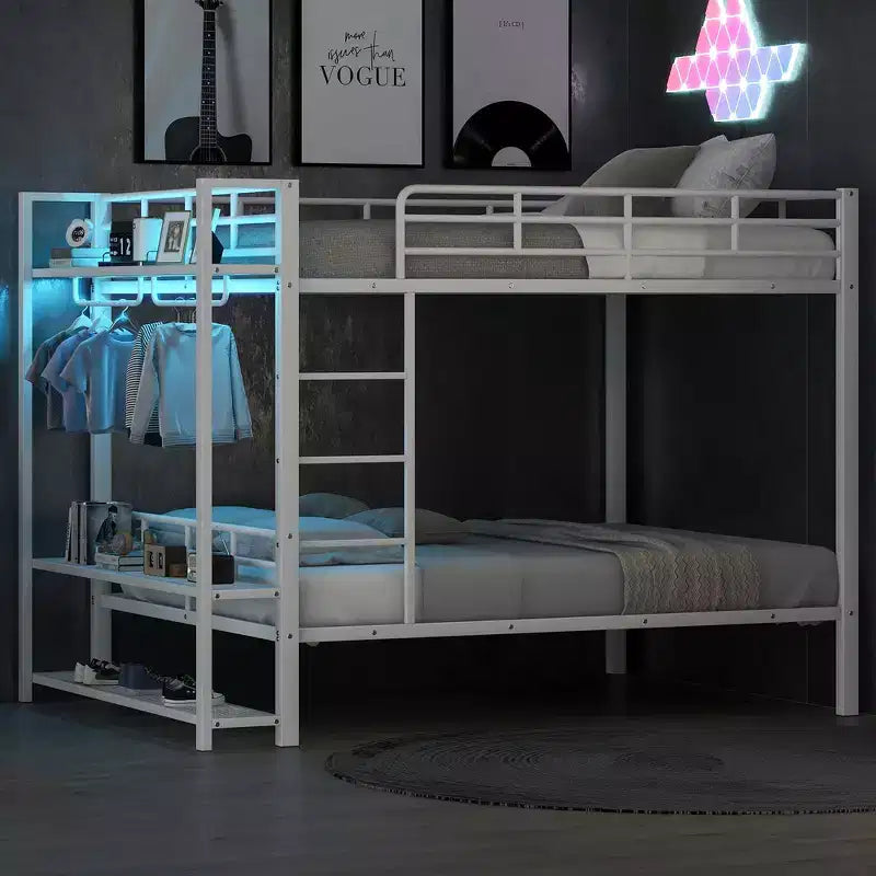 Lit superposé en métal format double avec bandes lumineuses à DEL (7 couleurs), étagères de rangement ouvertes et crochets