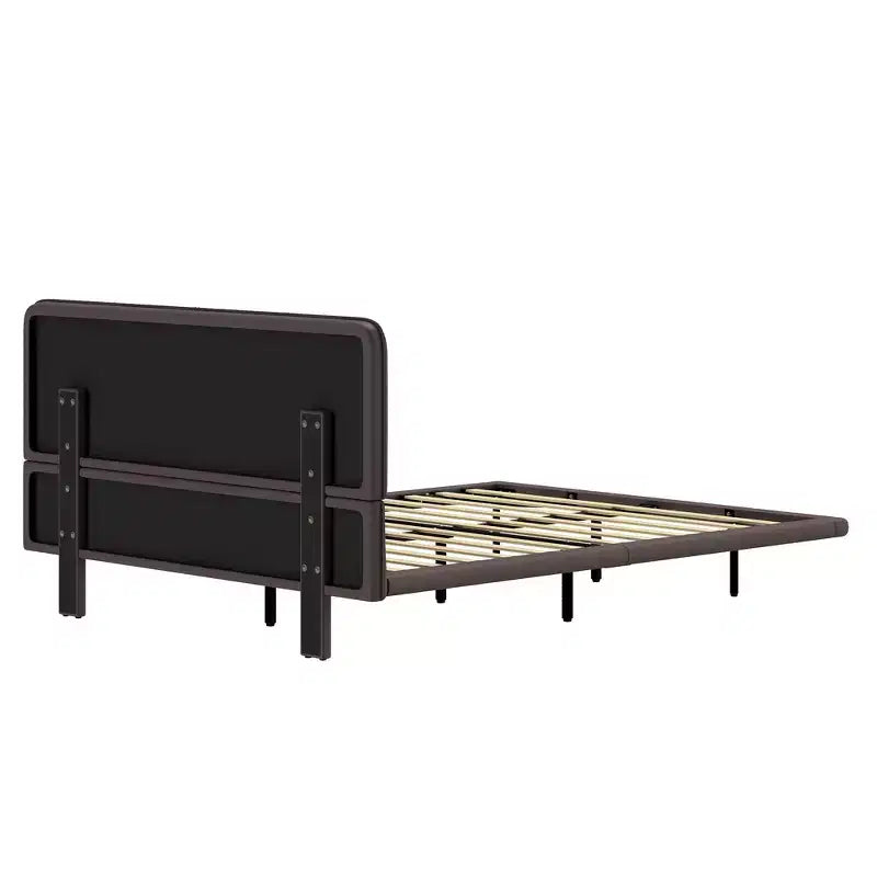 Cama de plataforma flotante de tamaño matrimonial con luces LED, cuero PU, estructura resistente y estilo moderno