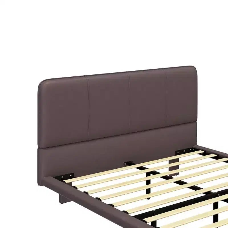Cama de plataforma flotante de tamaño matrimonial con luces LED, cuero PU, estructura resistente y estilo moderno