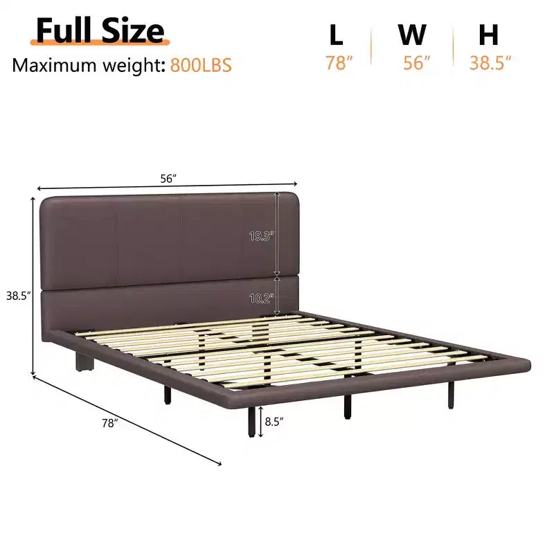Cama de plataforma flotante de tamaño matrimonial con luces LED, cuero PU, estructura resistente y estilo moderno