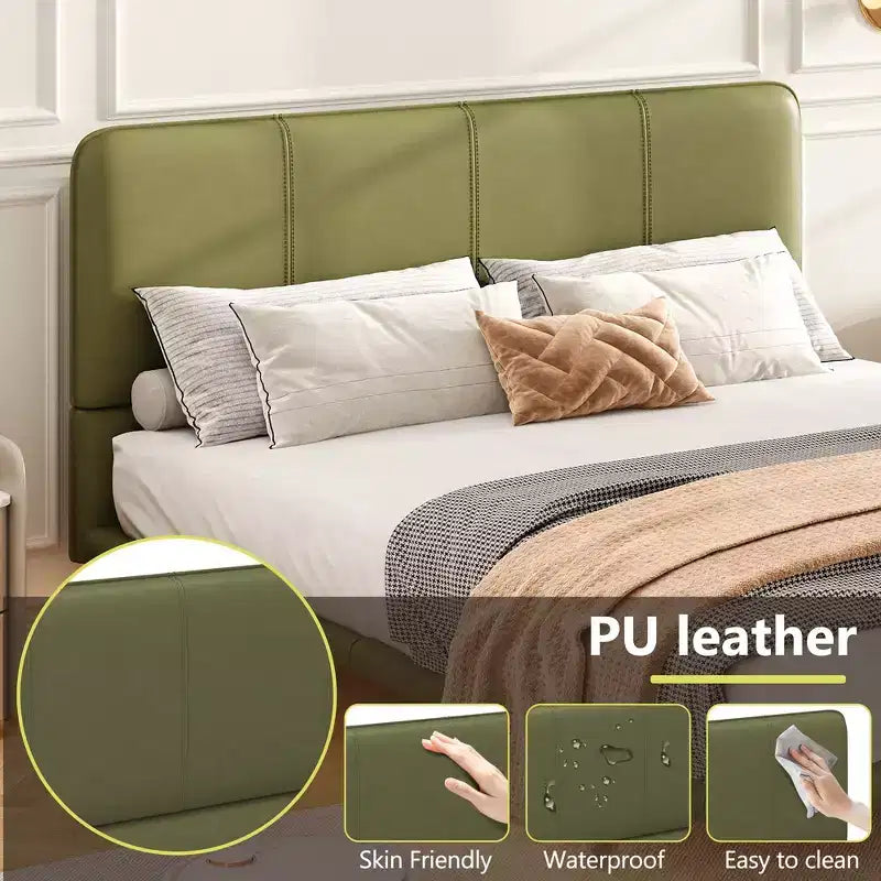Cama de plataforma flotante de tamaño matrimonial con luces LED, cuero PU, estructura resistente y estilo moderno