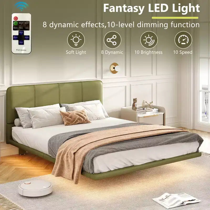 Cama de plataforma flotante de tamaño matrimonial con luces LED, cuero PU, estructura resistente y estilo moderno