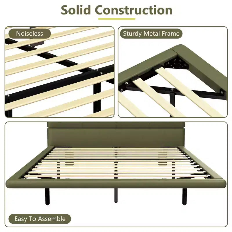 Cama de plataforma flotante de tamaño matrimonial con luces LED, cuero PU, estructura resistente y estilo moderno