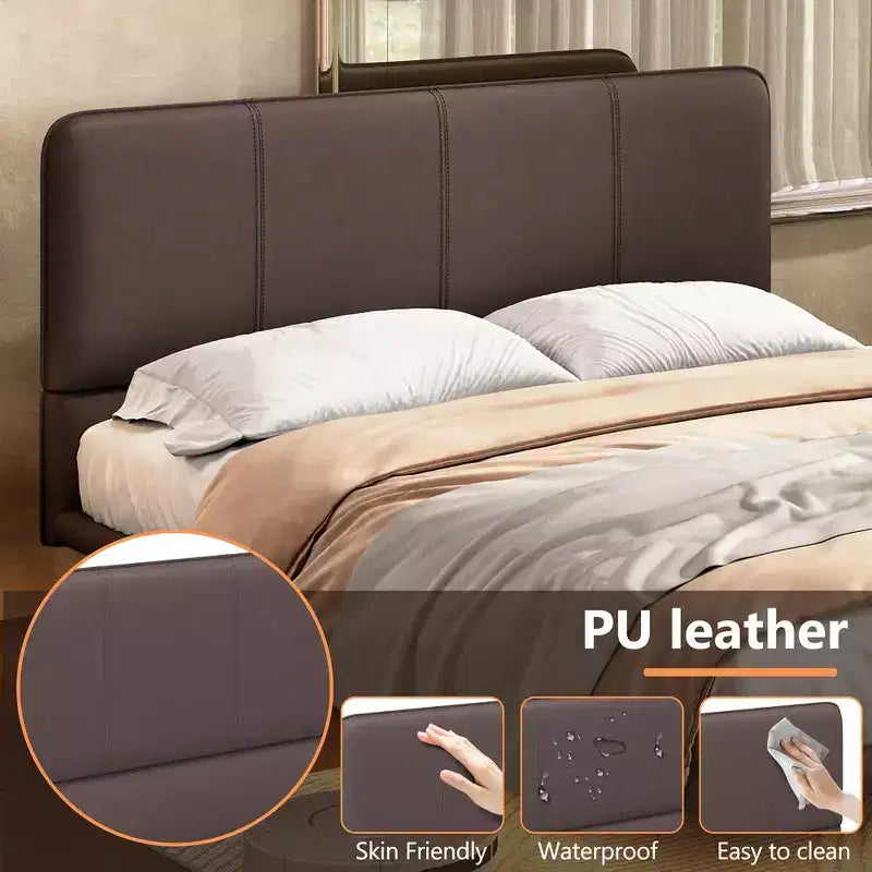 Cama de plataforma flotante de tamaño matrimonial con luces LED, cuero PU, estructura resistente y estilo moderno