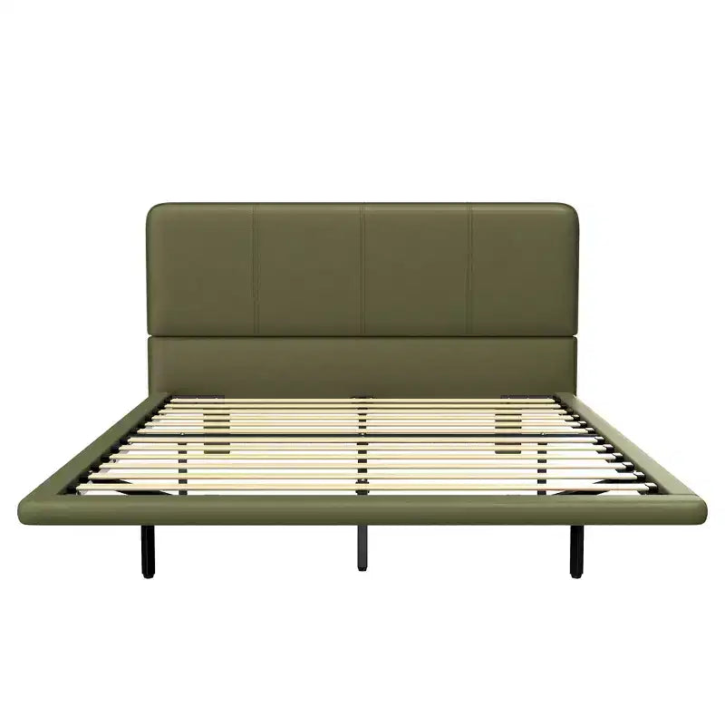 Cama de plataforma flotante de tamaño matrimonial con luces LED, cuero PU, estructura resistente y estilo moderno