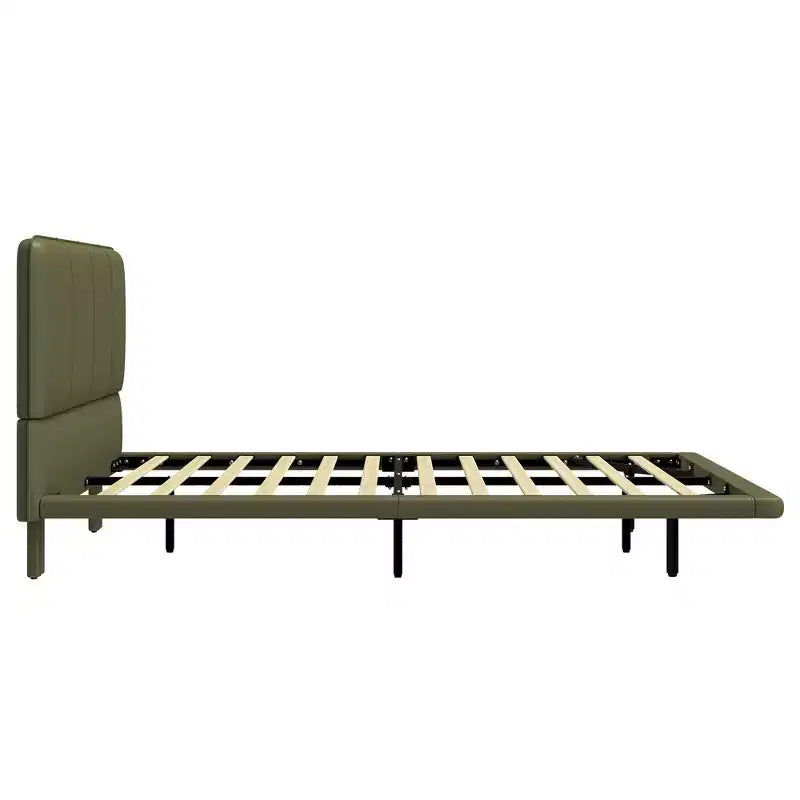 Cama de plataforma flotante de tamaño matrimonial con luces LED, cuero PU, estructura resistente y estilo moderno