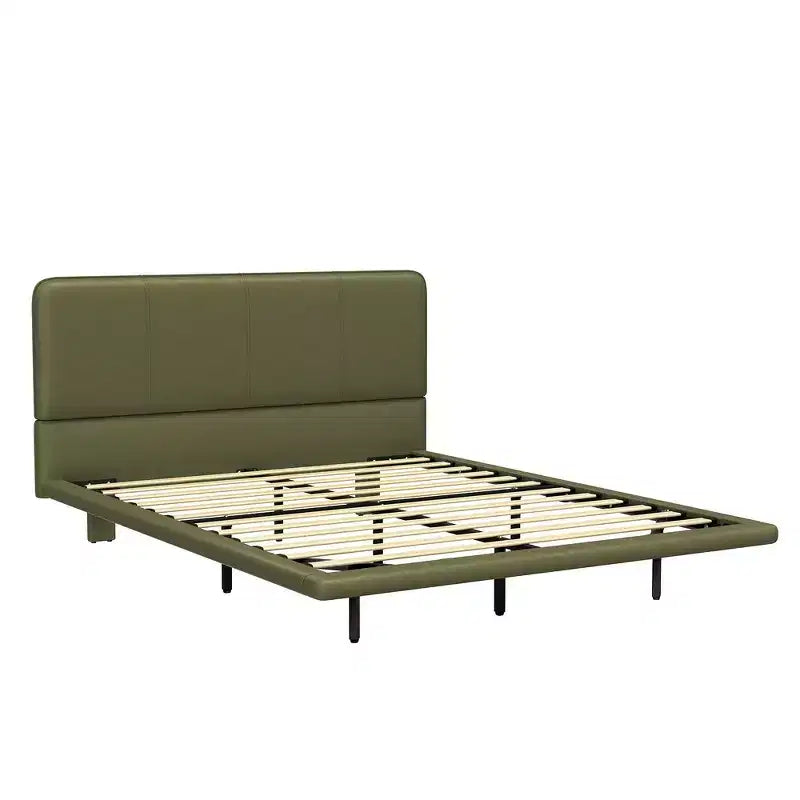 Cama de plataforma flotante de tamaño matrimonial con luces LED, cuero PU, estructura resistente y estilo moderno
