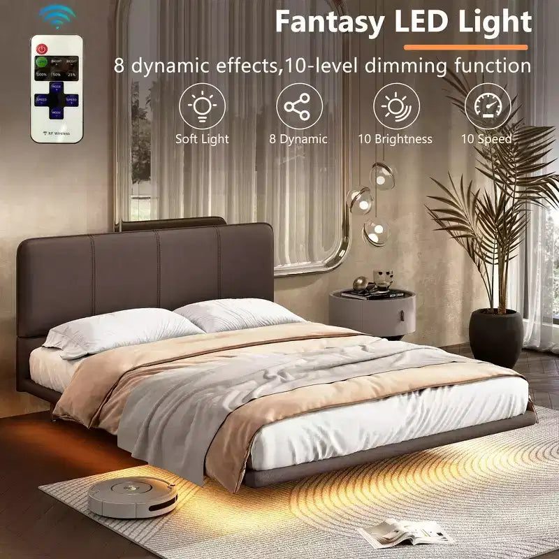 Cama de plataforma flotante de tamaño matrimonial con luces LED, cuero PU, estructura resistente y estilo moderno