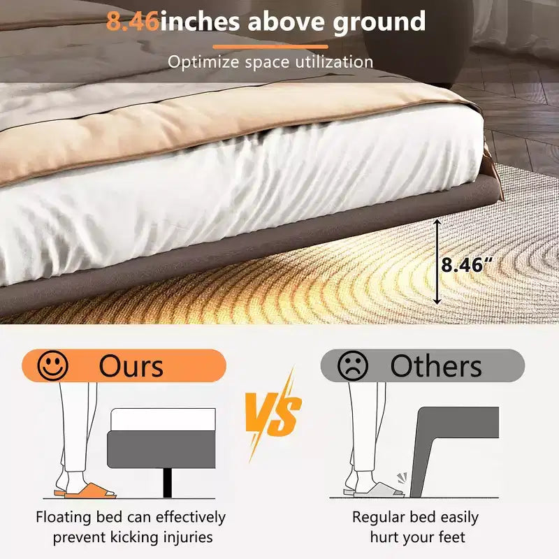 Schwebendes Plattformbett in Full-Größe mit LED-Beleuchtung, PU-Leder, robuster Konstruktion und modernem Look
