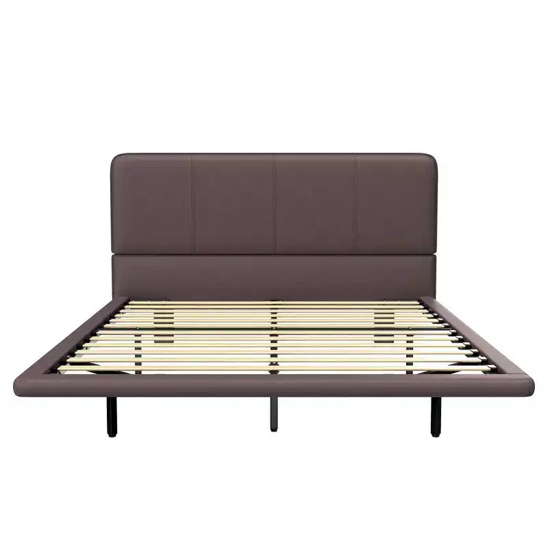 Cama de plataforma flotante de tamaño matrimonial con luces LED, cuero PU, estructura resistente y estilo moderno