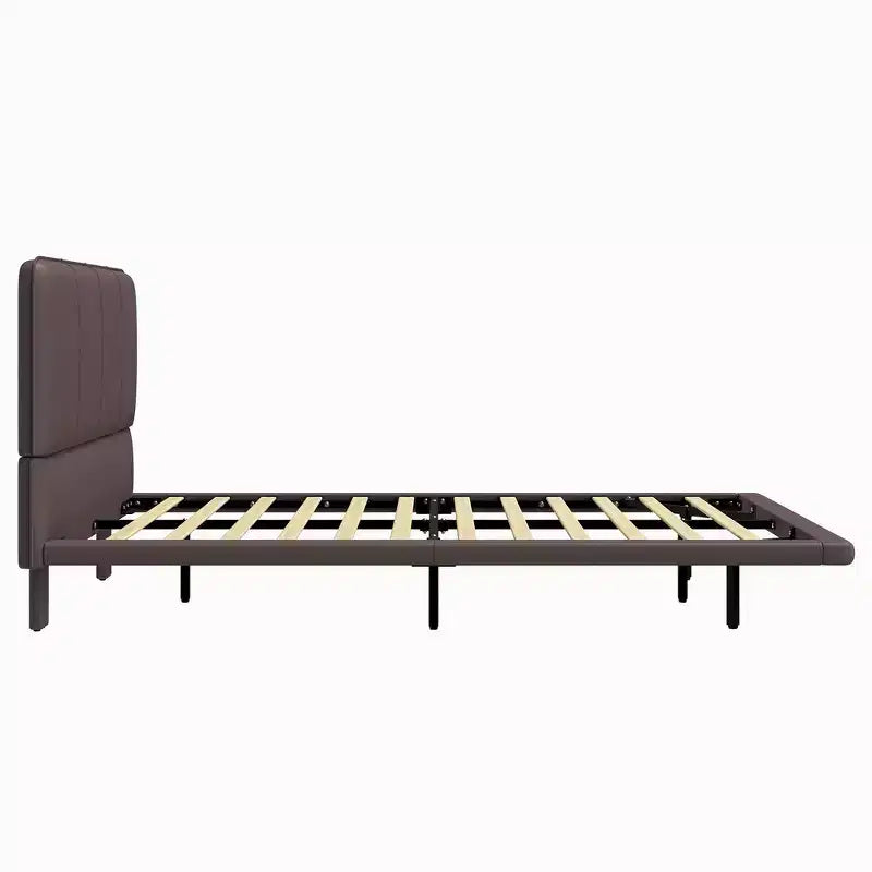 Cama de plataforma flotante de tamaño matrimonial con luces LED, cuero PU, estructura resistente y estilo moderno