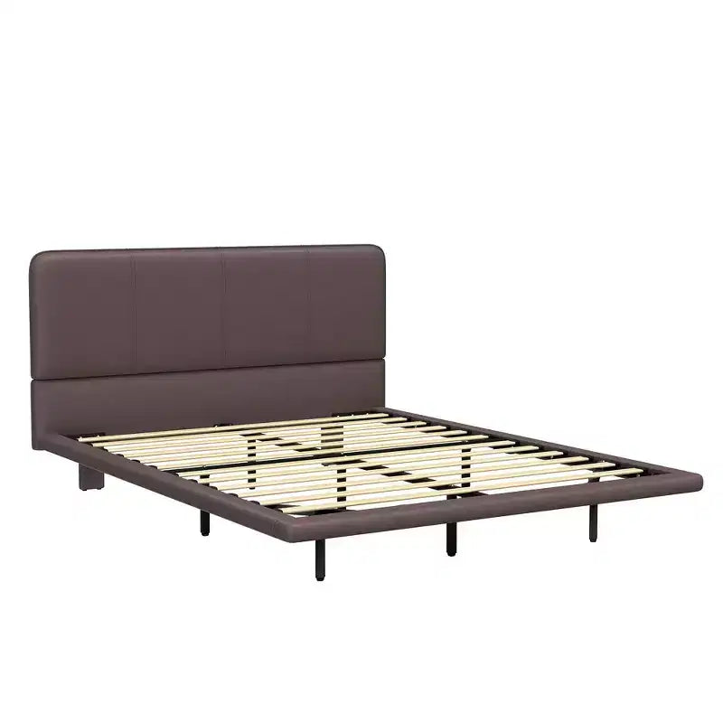 Cama de plataforma flotante de tamaño matrimonial con luces LED, cuero PU, estructura resistente y estilo moderno